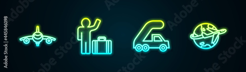 Set line Plane, Tourist with suitcase, Passenger ladder for plane boarding and Globe flying. Glowing neon icon. Vector