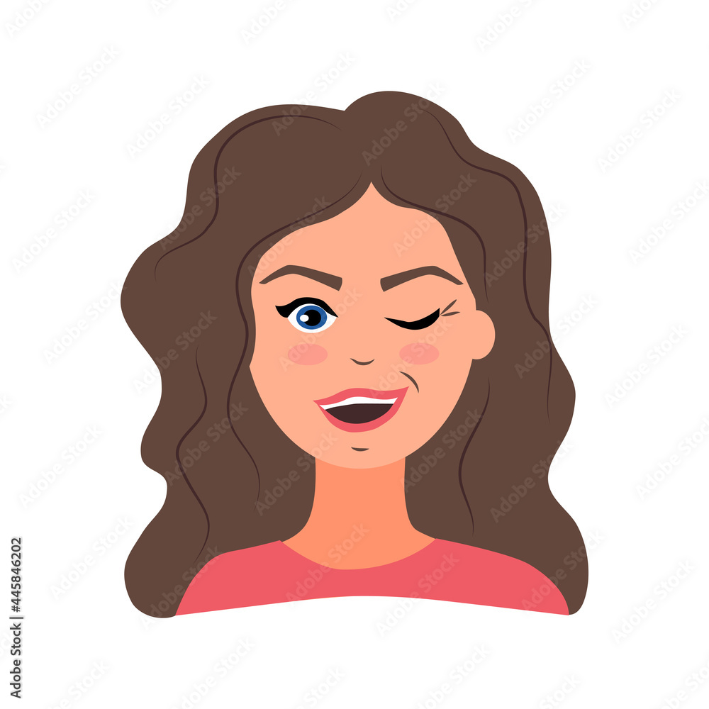 Young woman winks and smiles. A girl in a flat style. Emotions. Vector illustration Young woman winks and smiles. A girl in a flat style. Emotions. Vector illustration