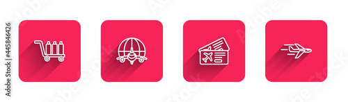 Set line Trolley baggage, Globe with flying plane, Airline ticket and Plane with long shadow. Red square button. Vector