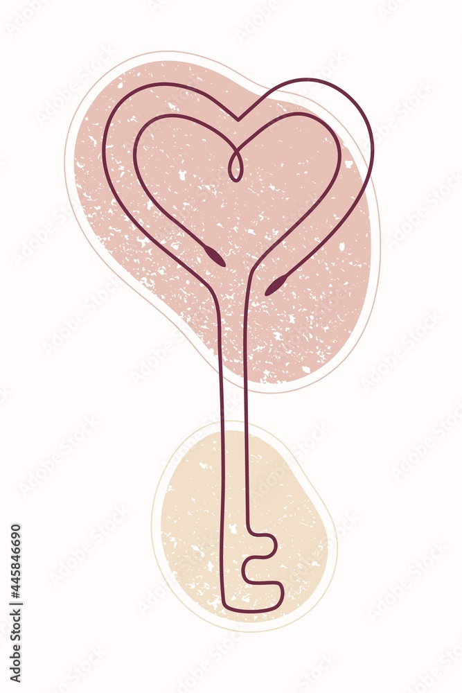 Single line drawing of love key with textured color spots. Vector hand drawn line art style. Textured background