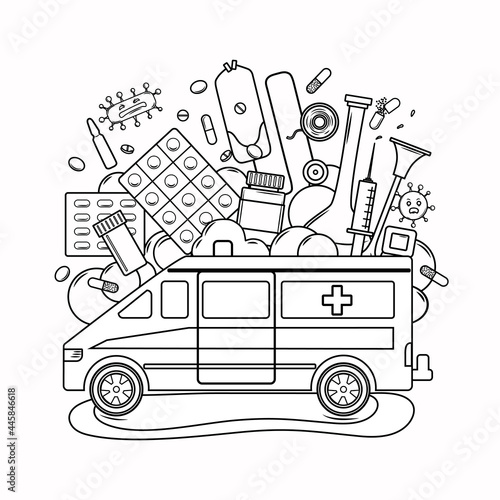 Medical coloring book for adults and children. Ambulance, medicines, viruses. Vector illustration