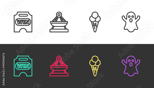 Set line Circus ticket, Boat swing, Ice cream waffle cone and Ghost on black and white. Vector