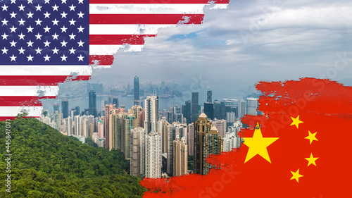 Canvas Print Skyline of hong kong with a painted effect on top of the flags of the united states and china