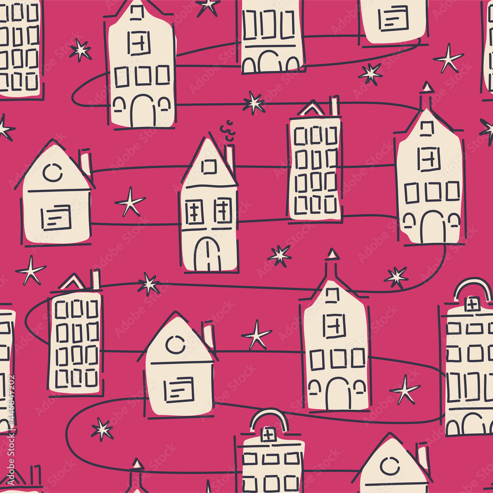 Abstract houses seamless pattern. Fashionable textile and interior decor. Vector hand-drawn background