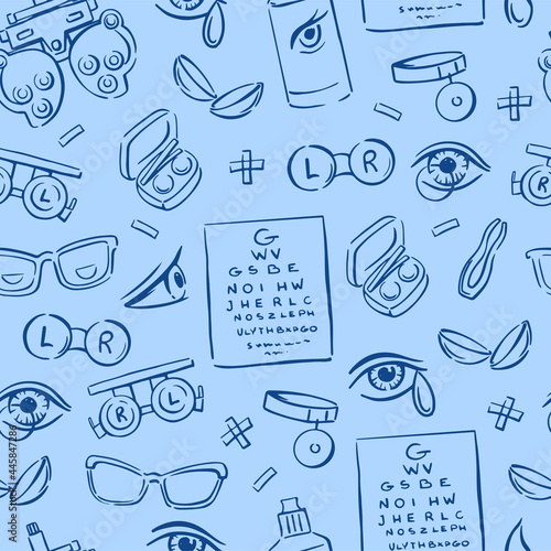 Various elements of optometry, lenses, eyes, glasses on a blue background seamless pattern. Drawn. Doodle vector background