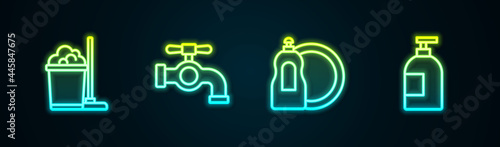 Set line Mop and bucket, Water tap, Dishwashing liquid bottle and . Glowing neon icon. Vector
