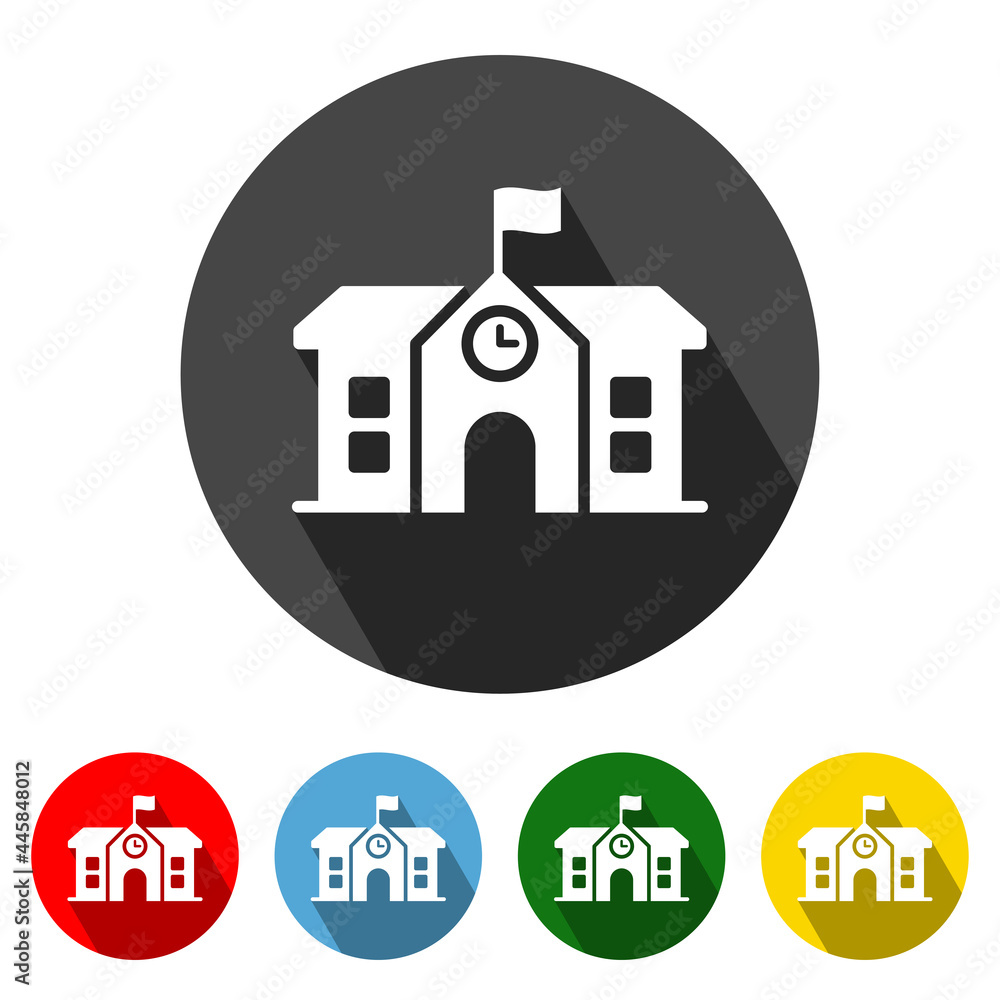 School Flat Style Icon with Long Shadow. School icon vector illustration design element with four color variations. College education icon. All in a single layer. Elements for design. School Flat Style Icon with Long Shadow. School icon vector illustration design element with four color variations. College education icon. All in a single layer. Elements for design.