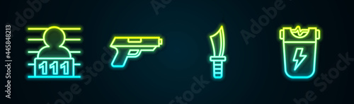 Set line Suspect criminal, Pistol or gun, Military knife and Police electric shocker. Glowing neon icon. Vector