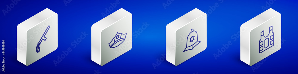 Set Isometric line Police rubber baton, cap with cockade, British police helmet and Bulletproof vest icon. Vector Set Isometric line Police rubber baton, cap with cockade, British police helmet and Bulletproof vest icon. Vector