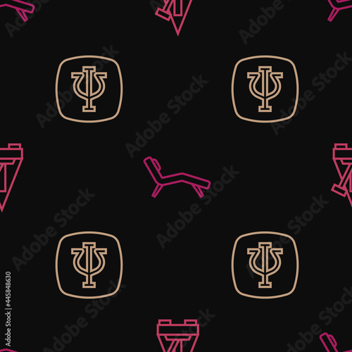 Set line Metronome with pendulum, Psychology, Psi and Armchair on seamless pattern. Vector