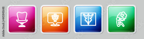 Set line Armchair, Psychology, Psi, Rorschach test and Head with heart. Colorful square button. Vector