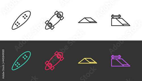 Set line Longboard or skateboard, , Skate park and on black and white. Vector