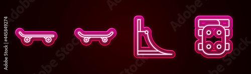 Set line Skateboard, , park and Knee pads. Glowing neon icon. Vector