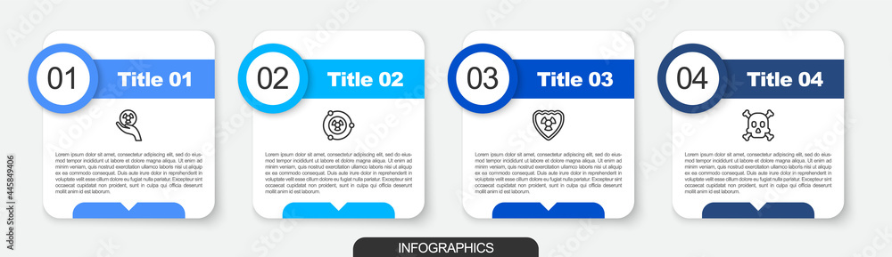 Set line Radioactive, , in shield and Bones and skull warning. Business infographic template. Vector Set line Radioactive, , in shield and Bones and skull warning. Business infographic template. Vector