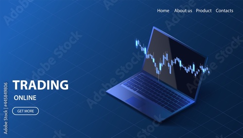 Online trading landing page. Modern finance laptop platform concept. Growth data graph. Investment isometric illustration.