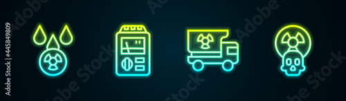 Set line Acid rain and radioactive cloud, Dosimeter, Truck with radiation materials and Radioactive. Glowing neon icon. Vector