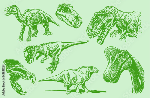 Graphical set of green dinosaurs , vector color dinosaurs , elements for tattoo , design	
