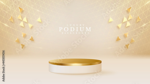 3d style podium shaped gold luxury background, vector illustration for promoting sales and marketing.