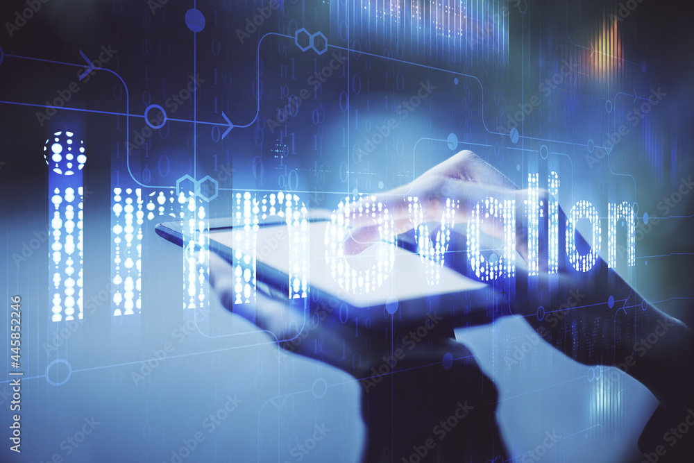 Double exposure of technology sketch hologram and woman holding and using a mobile device. Ai concept