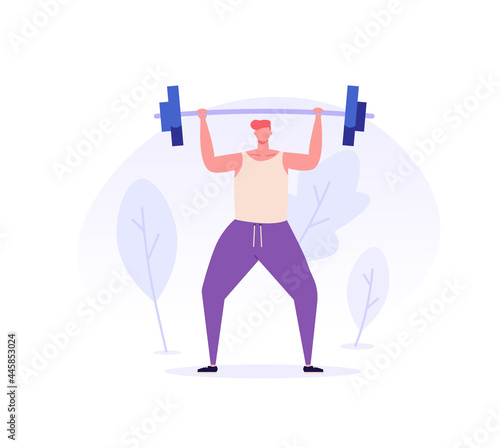 Man engaging with a barbell on the street, crossfit. Concept of outdoor fitness, outdoor yoga, group exercise in park, sports lifestyle. Vector illustration in flat design