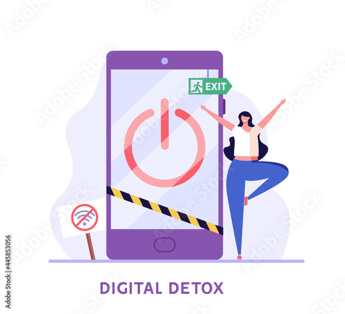 Woman meditates in a zone without gadgets. Concept of digital detox, disconnecting, abandoning internet, device free zone, internet addiction, no mobile. Vector illustration in flat design.