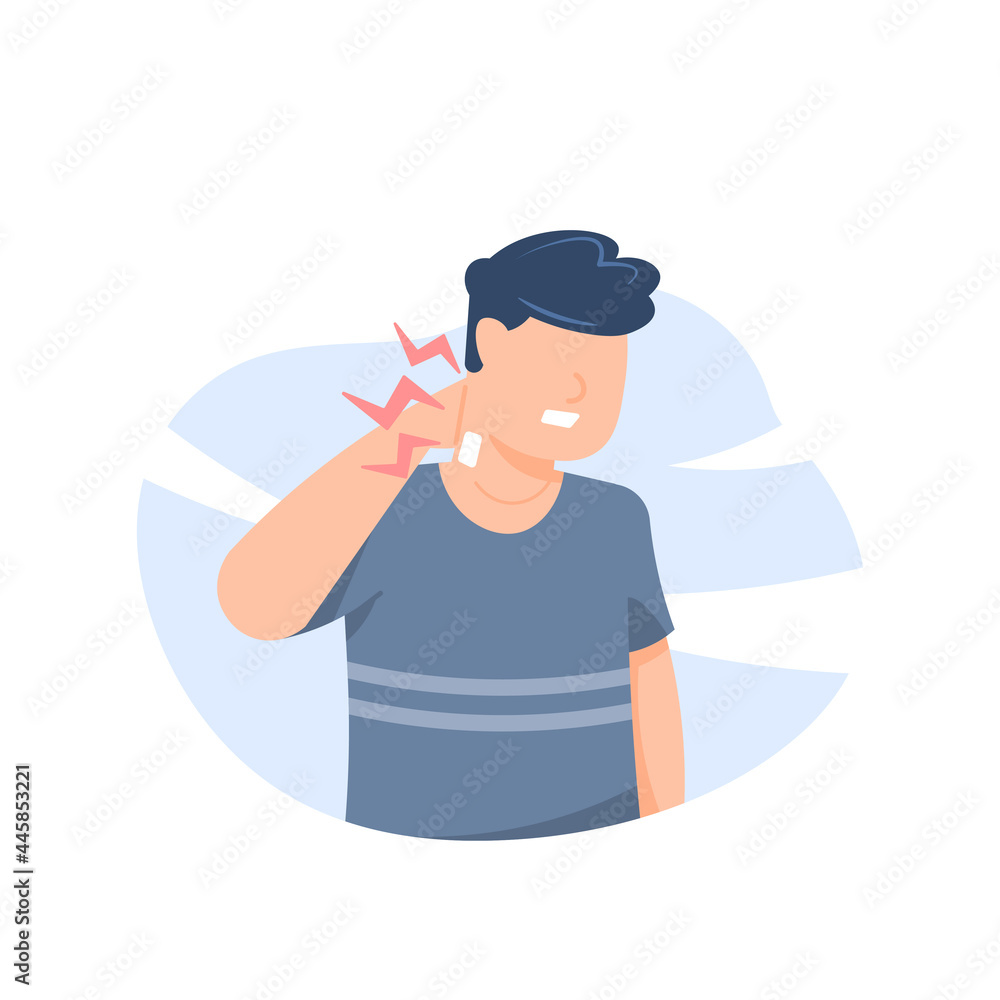 illustration of a man putting a patch on his neck to relieve pain. experiencing neck pain, neck feels hot and stiff. muscle ache. sore aches. flat cartoon style. vector design