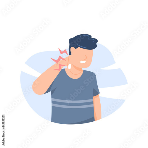 illustration of a man putting a patch on his neck to relieve pain. experiencing neck pain, neck feels hot and stiff. muscle ache. sore aches. flat cartoon style. vector design