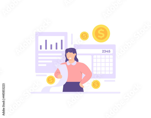 sales manager concept and budget. illustration of a female accountant checking the company's financial income and expenditure reports. analyze and calculate data. flat cartoon style. vector design