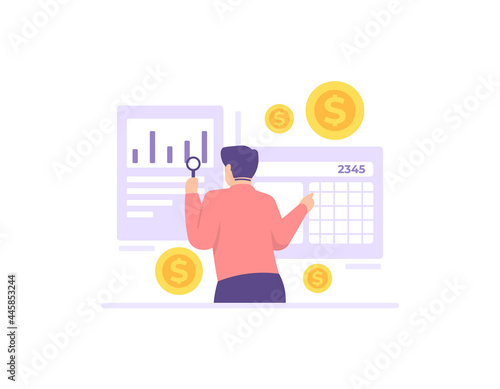 sales manager concept and budget. illustration of a male accountant checking the company's financial income and expenditure reports. analyze and calculate data. flat cartoon style. vector design