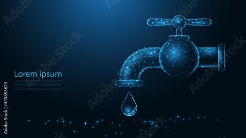 Water faucet with dripping tap line connection. Low poly wireframe design. Abstract geometric background. vector illustration.