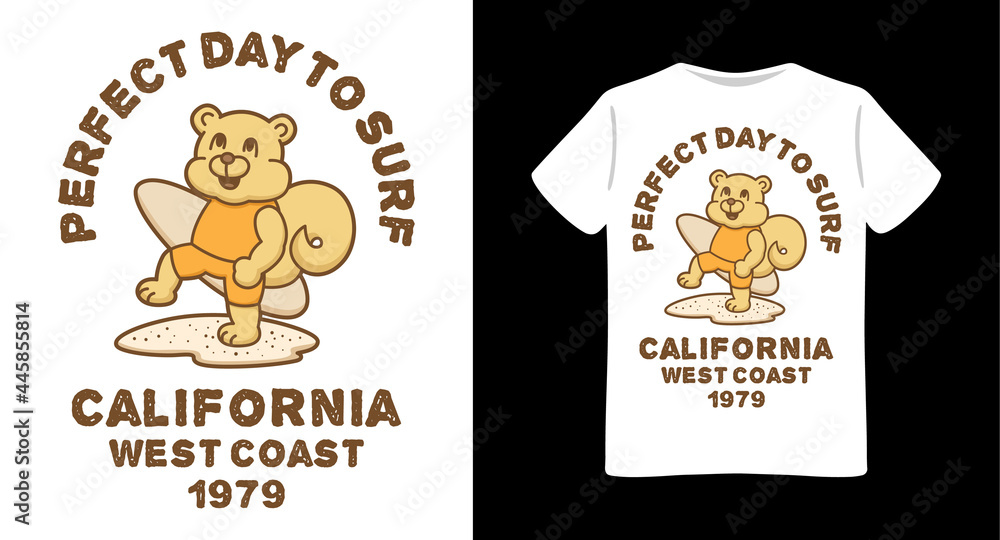 Squirrel carrying surfboard illustration with typography t-shirt design Squirrel carrying surfboard illustration with typography t-shirt design