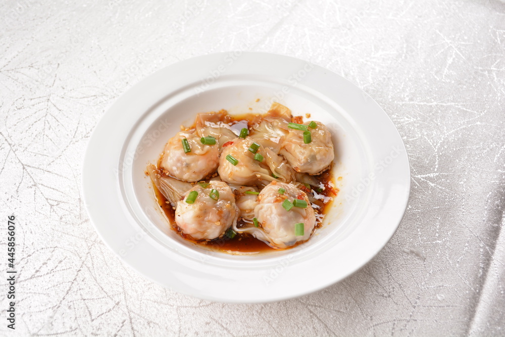 steamed fresh seafood prawn pork meat wanton dumpling ball in spicy mala chilli sauce Hong Kong dim sum menu steamed fresh seafood prawn pork meat wanton dumpling ball in spicy mala chilli sauce Hong Kong dim sum menu