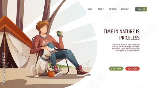 Man sitting on a tourist chair with cup of tea and dog. Summertime camping, traveling, trip, hiking, camper, nature, journey concept. Vector illustration for poster, banner, website.
