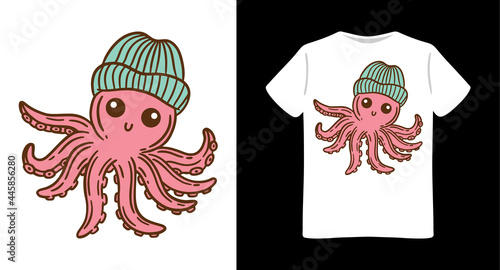 Hand drawn octopus wearing beanie hat t-shirt design