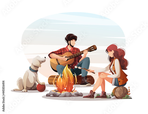 Man with guitar, woman with marshmallow and dog sitting by campfire. Summertime camping, traveling, trip, hiking, camper, nature, journey concept. Isolated vector illustration for poster, banner.