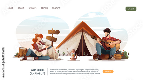 Man with guitar and woman with dog sitting by tent. Summertime camping, traveling, trip, hiking, camper, nature, journey concept. Vector illustration for poster, banner, website.