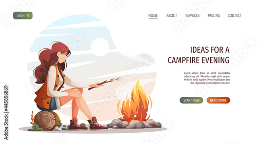 Woman sitting by campfire and roasting marshmallows. Summertime camping, traveling, trip, hiking, camper, nature, journey concept. Vector illustration for poster, banner, website.
