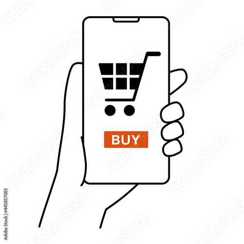 購入画面のスマートフォンのイラスト　ショッピングカート　線画