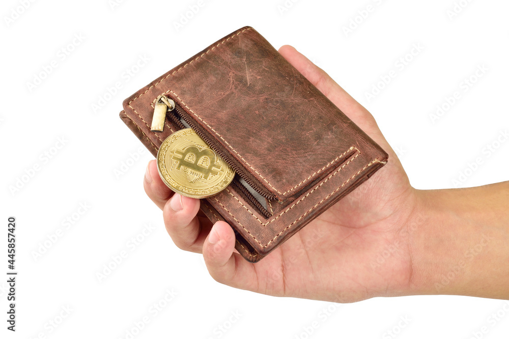 Fototapeta premium Hand Holding Bitcoin In Wallet Isolated On White Background With Clipping Path