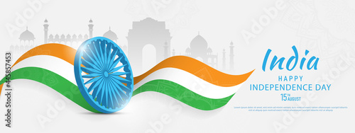 15 th August Indian Independence Day banner template design with Indian flag and silhouette of Indian monument.