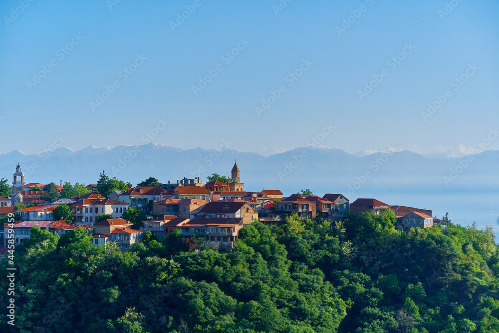 Landscape of Sighnaghi town. Small beautiful touristic the city of love with red tiles roof houses in Kakheti region, Georgia