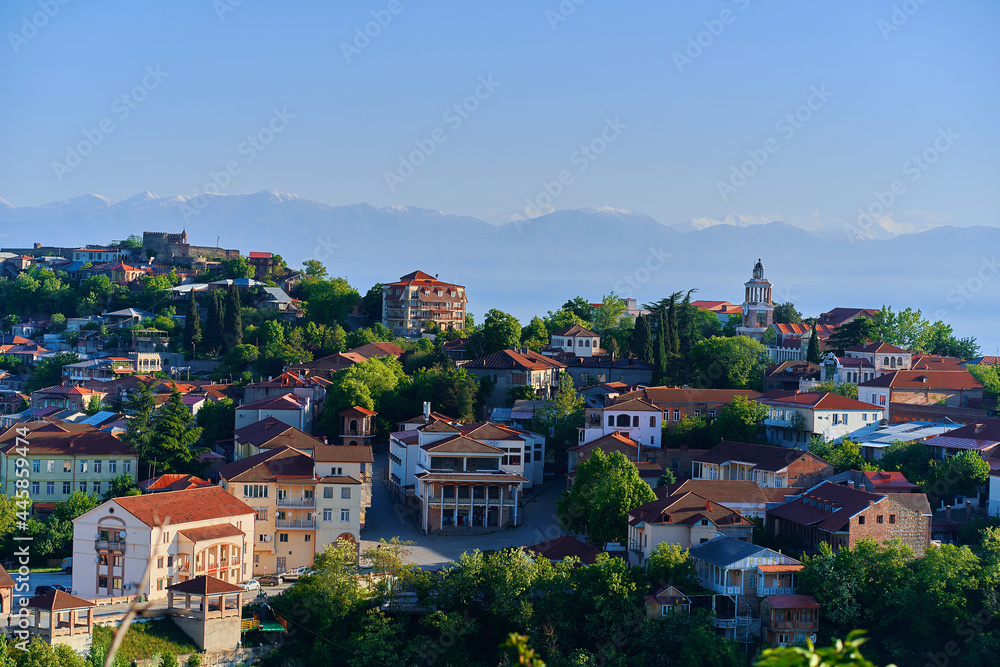 Landscape of Sighnaghi town. Small beautiful touristic the city of love with red tiles roof houses in Kakheti region, Georgia