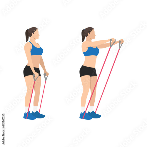 Woman doing Resistance band shoulder front raises exercise. Flat vector illustration isolated on white background