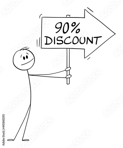 Person or Businessman Holding 90 or Ninety Percent Discount Arrow Sign and Pointing at Something, Vector Cartoon Stick Figure Illustration