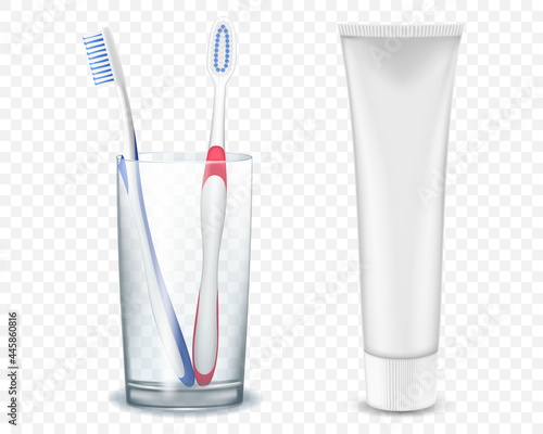 Toothbrushes in a glass cup with a tube of toothpaste isolated on transparent background, realistic 3d vector illustration