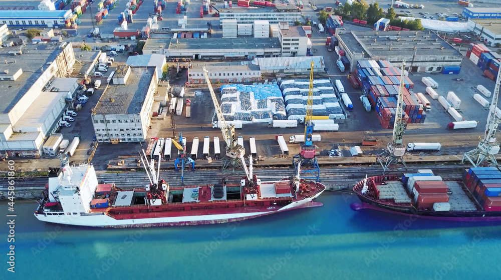 Aerial view of container ship in import export and business logistic,By crane ,Trade Port Aerial view,Water transport, International, Shell Marine, transportation