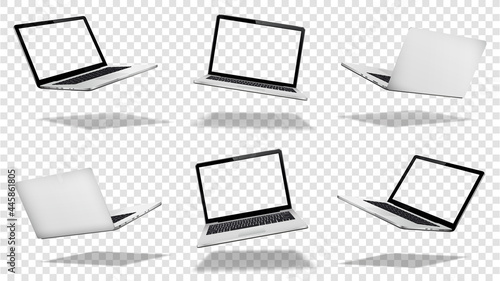 Flying laptop mock up with transparent screen isolated