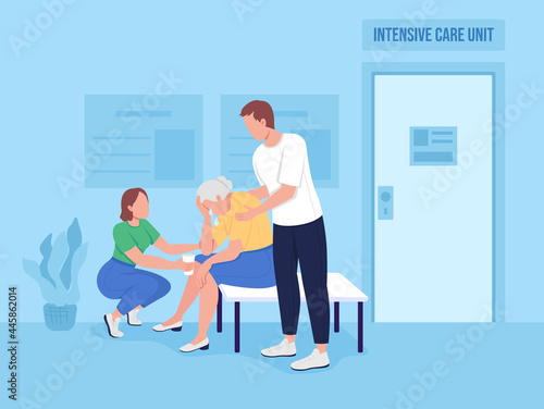Mourning relatives in hospital flat color vector illustration. Patient facing stress. Critical care setting. Suffering from anxiety 2D cartoon character with intensive care unit on background