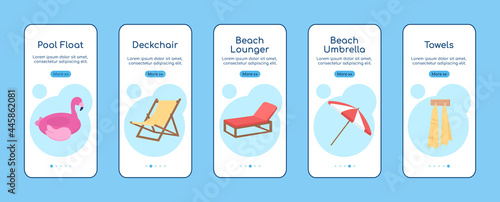 Beach equipment onboarding mobile app screen flat vector template. Walkthrough website 5 steps with objects. Creative beach umbrella, chairs UX, UI, GUI smartphone cartoon interface, case prints set