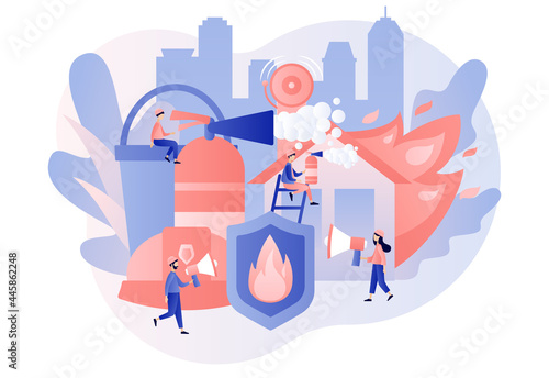 Fire protection. Fire prevention technologies. Tiny people firefighters extinguishing flame. Rescuer. Fire Alarm. Modern flat cartoon style. Vector illustration on white background